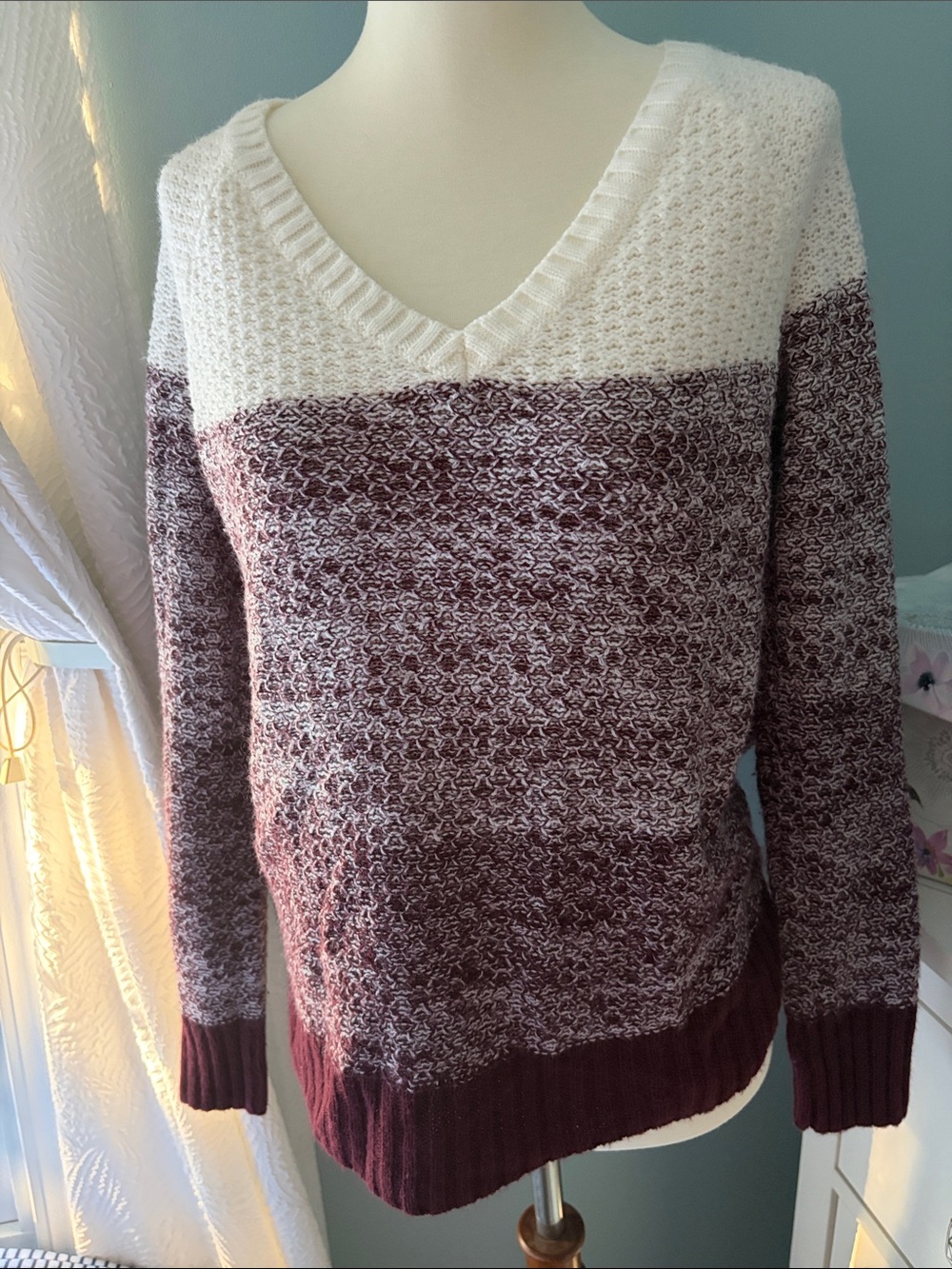 Cozy V-Neck Marled Burgundy and Cream Women's Sweater